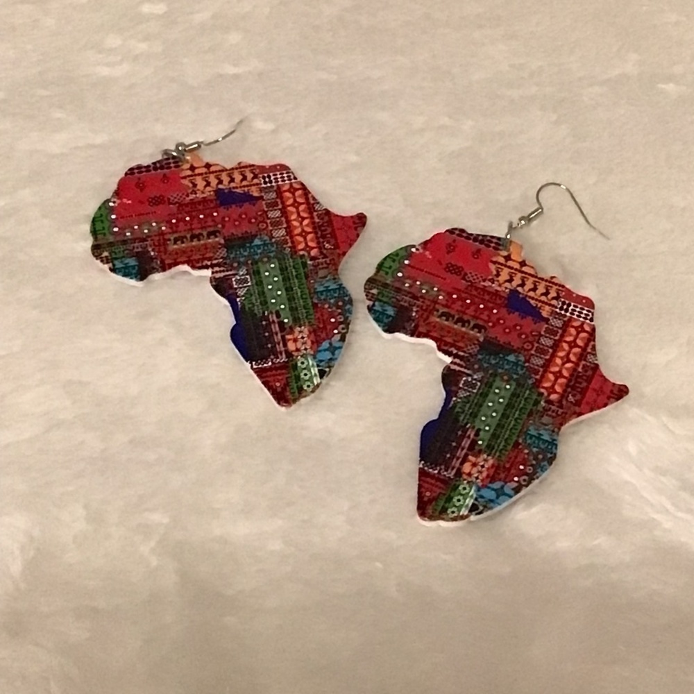 Multi colored patchwork design Africa shaped earrings